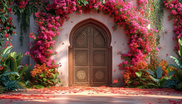 a 3D background depicting a traditional doorway adorned with a floral arch for Nowruz