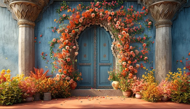 a 3D background depicting a traditional doorway adorned with a floral arch for Nowruz