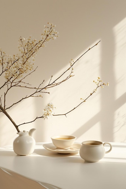 a 3D background featuring a minimalist herbal tea setting