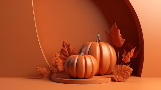 3D background Orange Podium display with pumpkin and autumn leaf Generative ai