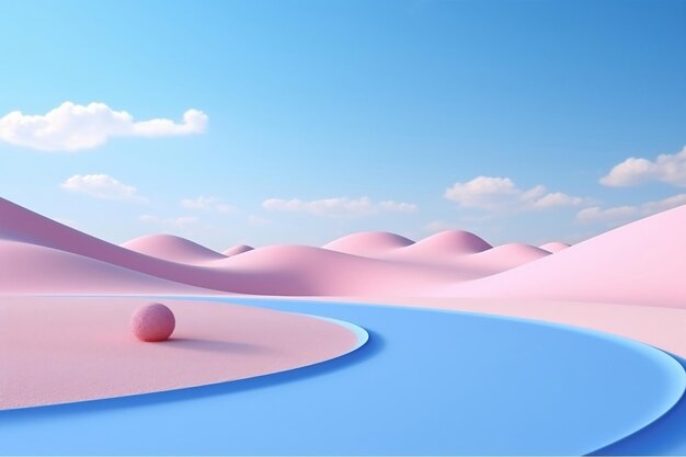 3d background Pink Landscape Futuristic Road Amid Chromatic Waves and Realistic Blue Skies