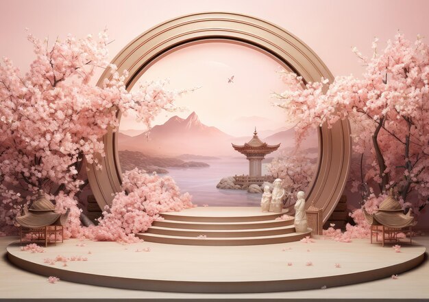 3D background pink podium display Sakura pink flower falling Cosmetic or beauty product promotion step floral pastel pedestal Abstract minimal advertise AI Generative