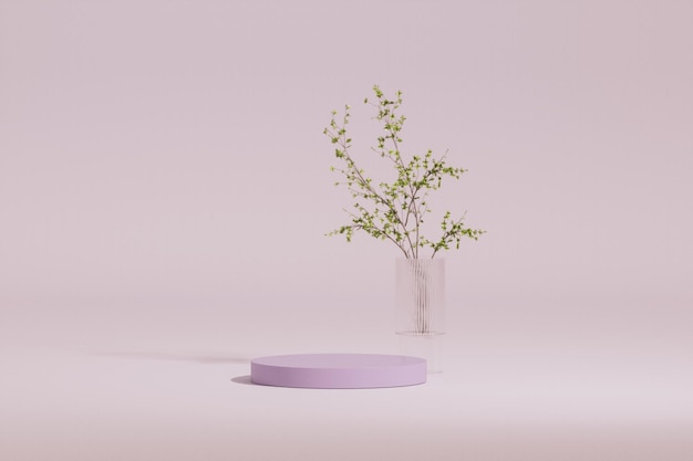 3d background product display podium with nature leaves, flower, glass wall on purple background.