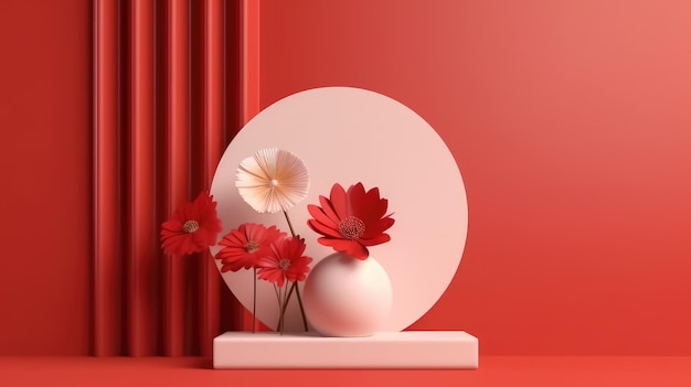 3d Background products for valentine's day podium in red flower background with cylinder podium stand to show cosmetic product with craft style on background