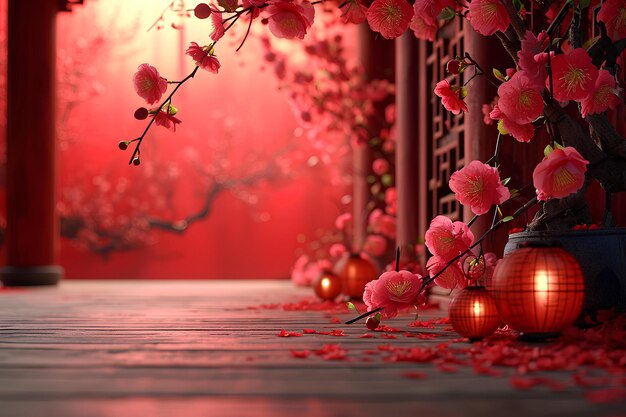 3d background of red flowers in red lanterns in a bridge