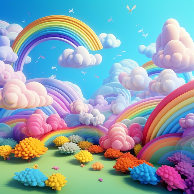 3d background with a rainbow and clouds in blue in the style of sketchfab cute and colorful