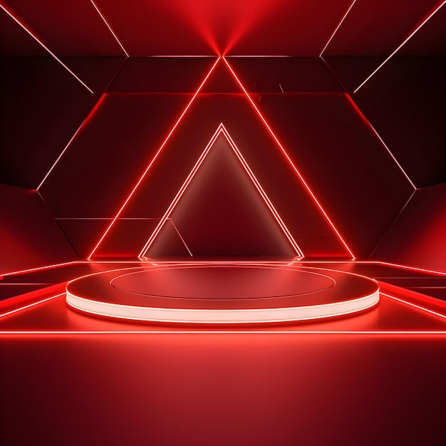 3d background with red circle light in the form of a minimalist stage design neon light city