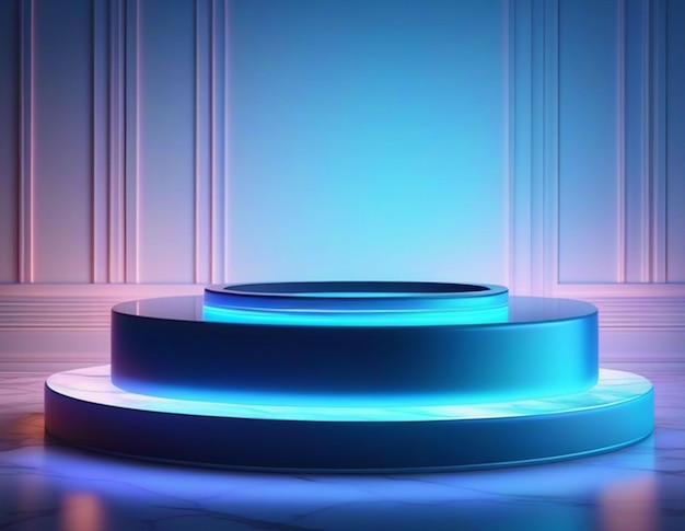 3D background with white marble cylinder base realistic blue glowing neon ring lights