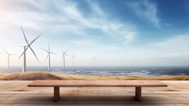 3d background of a wooden table looking out to a wind farm in the sea