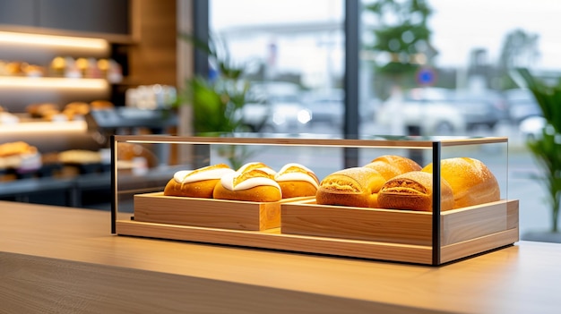 Photo a 3d bakery display case with freshly baked bread and pastries symbolizing a warm and inviting