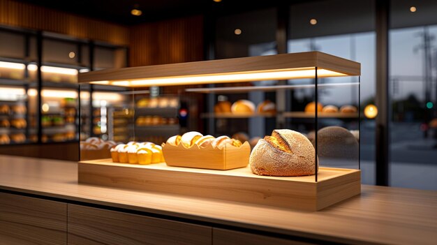 A 3D bakery display case with freshly baked bread and pastries symbolizing a warm and inviting