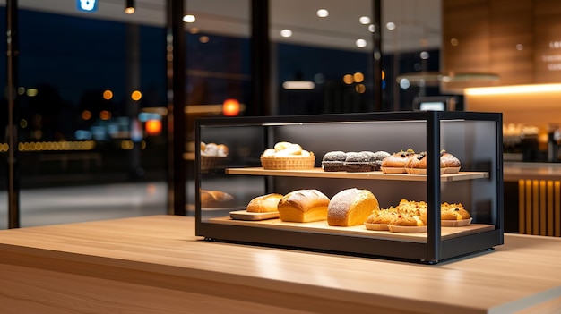 A 3D bakery display case with freshly baked bread and pastries symbolizing a warm and inviting