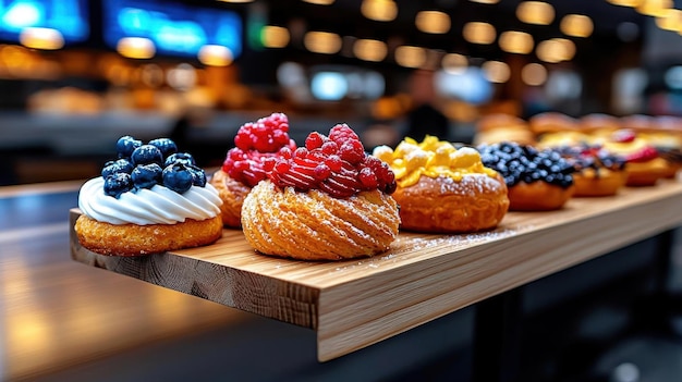 Photo a 3d bakery table with a selection of pastries and soft light symbolizing a perfect morning in a bakery style of idea24club