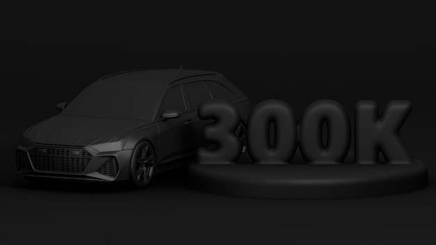 3D Banner with 300K Followers Thank you for subscribe Scene with black car 3d rendering