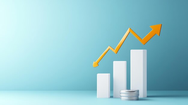 A 3D of a bar chart showing an upward trend symbolized by a golden arrow soaring above The c