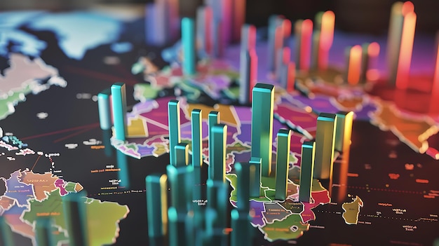 Photo 3d bar graph over world map showing economic growth