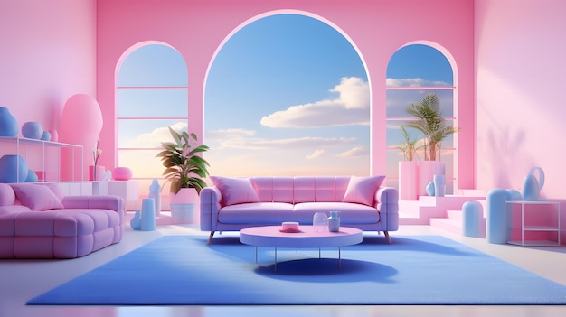 3d barbie rendering and illustration and fantasy wonderland architecture white pink blue sky mo