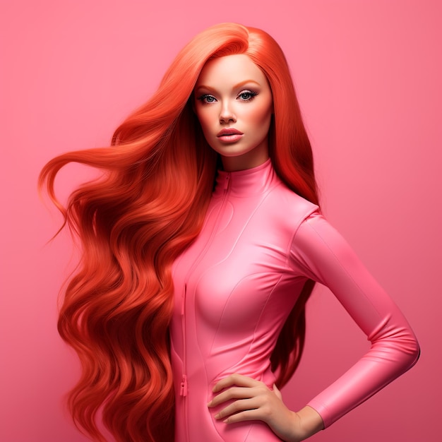 3d Barbie with red hair long straight pink hair wearing ultra realistic pink outfit