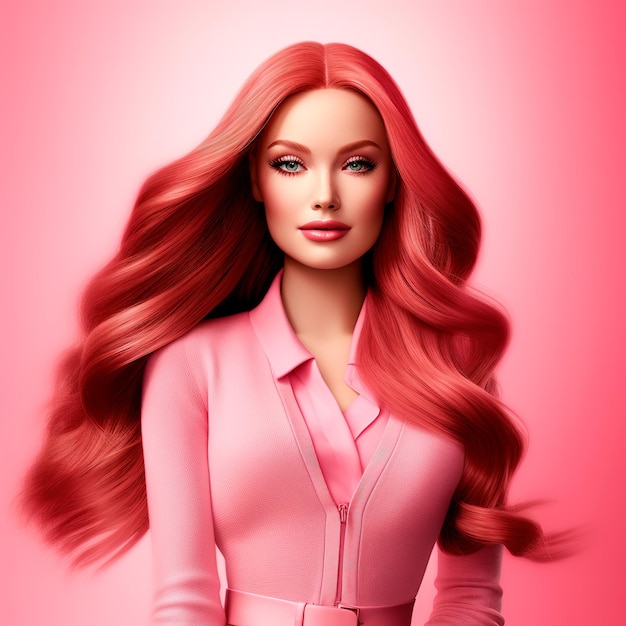 3d Barbie with red hair long straight pink hair wearing ultra realistic pink outfit