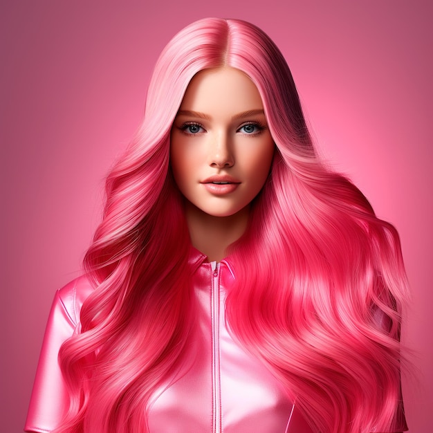 3d Barbie with red hair long straight pink hair wearing ultra realistic pink outfit