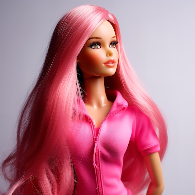 3d Barbie with red hair long straight pink hair wearing ultra realistic pink outfit