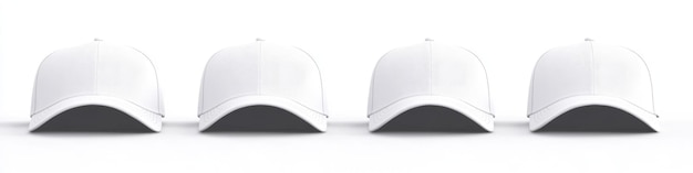 Photo 3d baseball hat five white baseball caps aligned in a line on white background