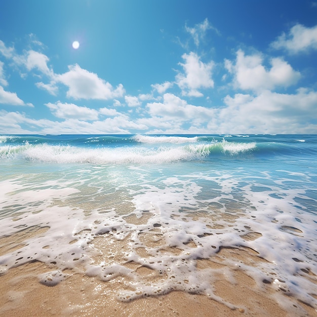 3D A beach scene with a blue sky and waves Sandy beachlight