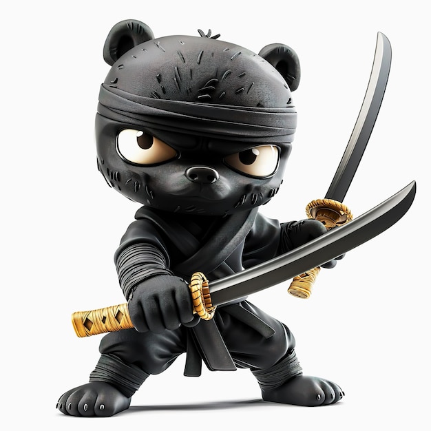 3D Bear assassin cartoon with mask isolated on white background Realistic Bear ninja