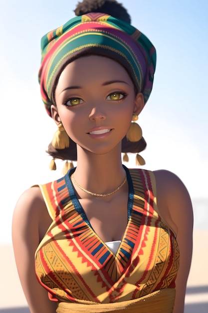 3D Beautiful african woman in a dashiki dress and head wrap in anime style digital painting illustration