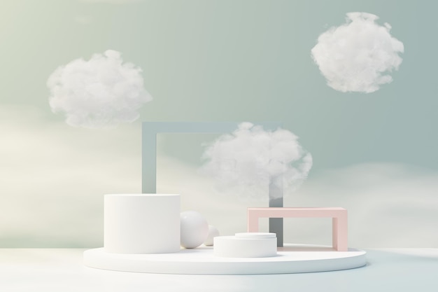 3d Beauty premium pedestal product display with Dreaming land and fluffy cloud. Minimal blue sky and clouds scene for present product promotion and beauty cosmetics. Romance land of Dreams concept.