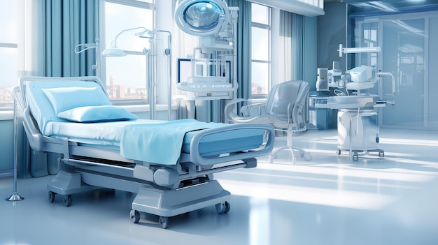 3d Beds and medical equipment stand out with soothing blue tones in the hospital room