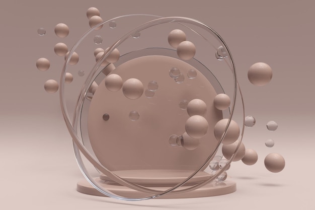 3D beige background Spheres bubbles balls with minimal geometric podium Trendy graphic design