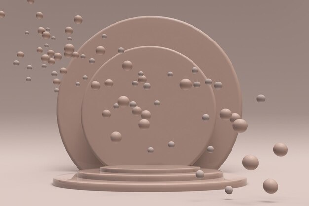 3d beige background with flying bubbles and empty round podium Abstract design with spheres