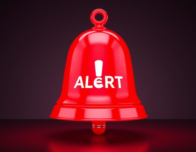 Photo 3d bell with red danger alert notification new important message urgent online call attention sign social media reminder