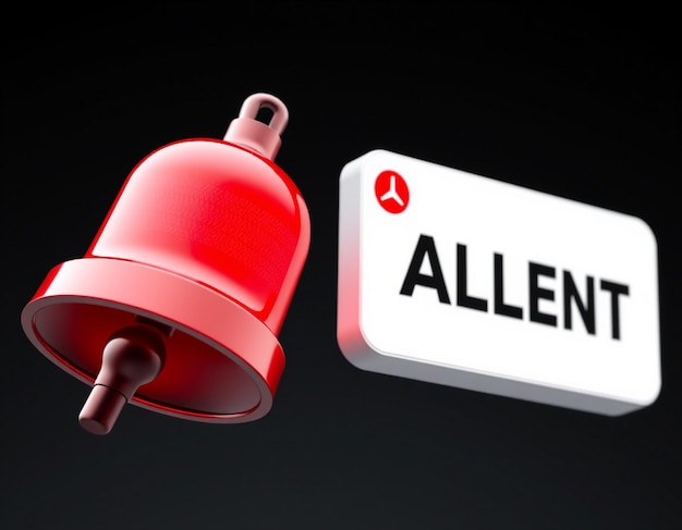 Photo 3d bell with red danger alert notification new important message urgent online call attention sign social media reminder