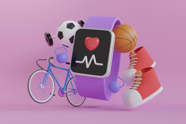 3d bicycle training from a smartwatch. ride program. purple smartwatch up with blue bicycle