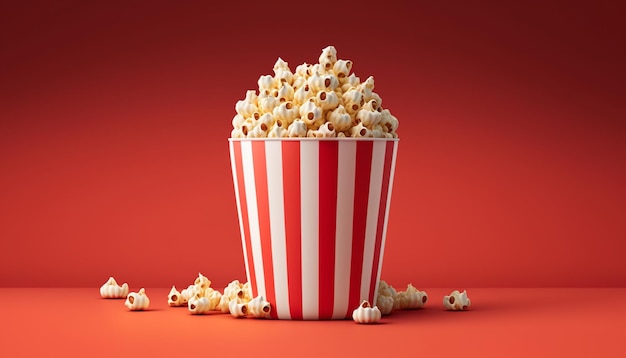 3D big sizes popcorn stripped bucket illustration on a red background Generative AI