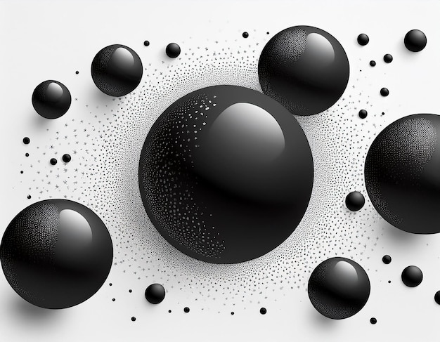 Photo 3d black balls in space assorted sizes on white background