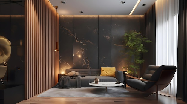 3d Black and brown wood living room design with beautiful lighting