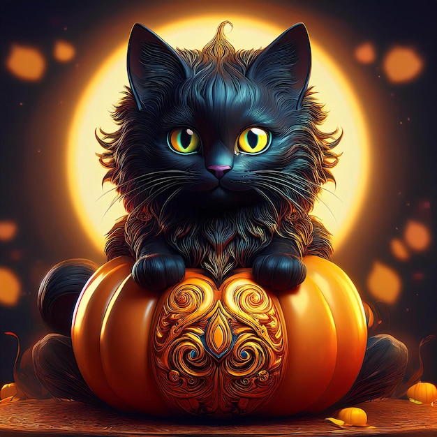 Photo 3d black cat sitting on a detailed pumpkin with fur texture glowing eyes