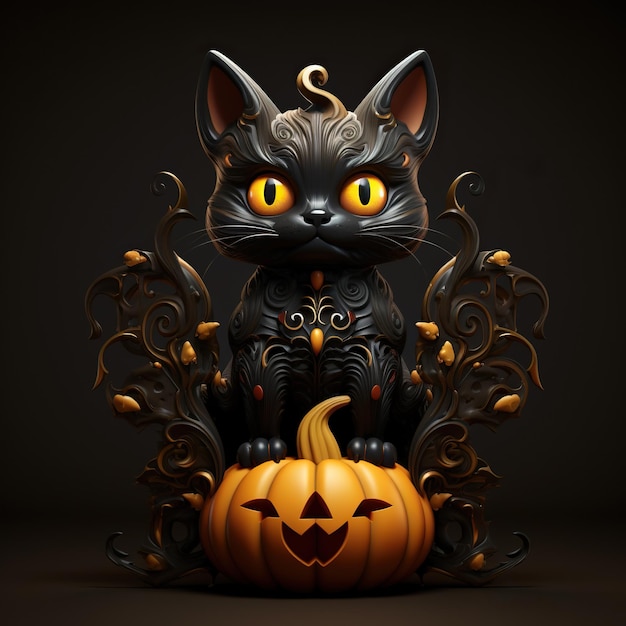 3d black cat with halloween theme pumpkin bat colorful retro style