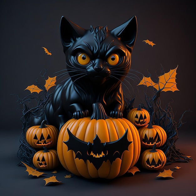 3d black cat with Halloween theme sitting pumpkin bat colorful retro style