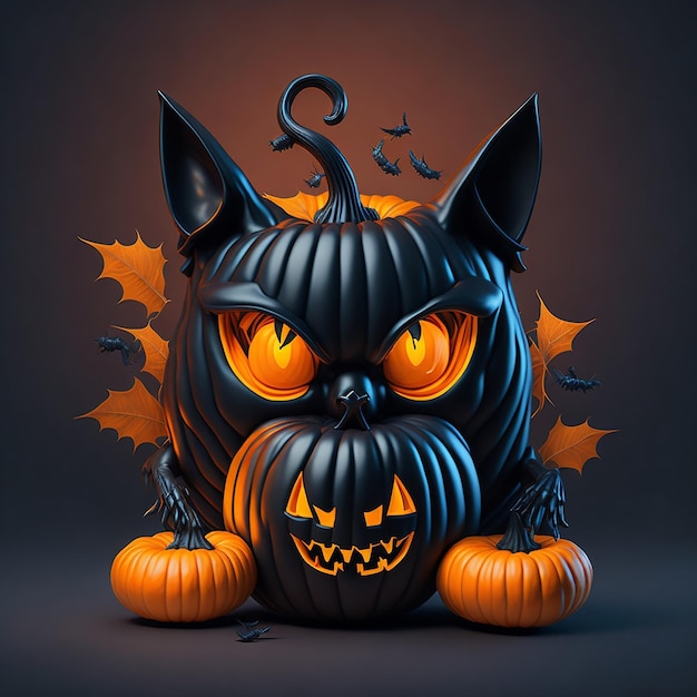 3d black cat with Halloween theme sitting pumpkin bat colorful retro style