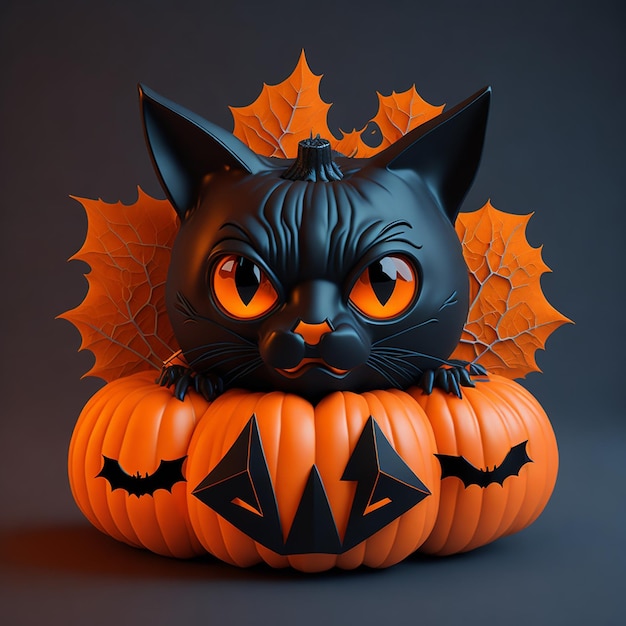 3d black cat with Halloween theme sitting pumpkin bat colorful retro style