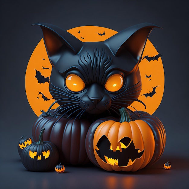 3d black cat with Halloween theme sitting pumpkin bat colorful retro style