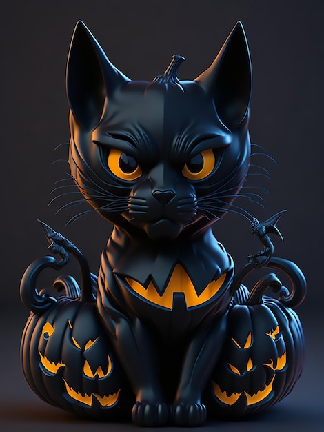 3d black cat with Halloween theme sitting pumpkin bat colorful retro style