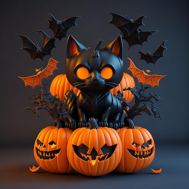 3d black cat with Halloween theme sitting pumpkin bat colorful retro style