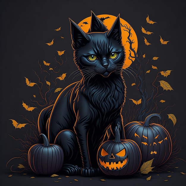 3d black cat with Halloween theme sitting pumpkin bat colorful retro style