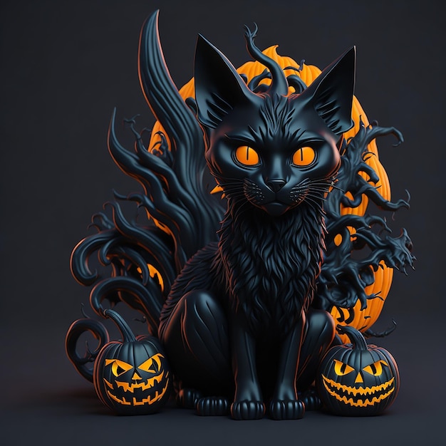 3d black cat with Halloween theme sitting pumpkin bat colorful retro style