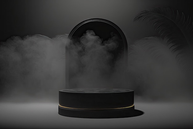 3D Black Ceramic Round Podium For Product With Smoke Made with Generative AI